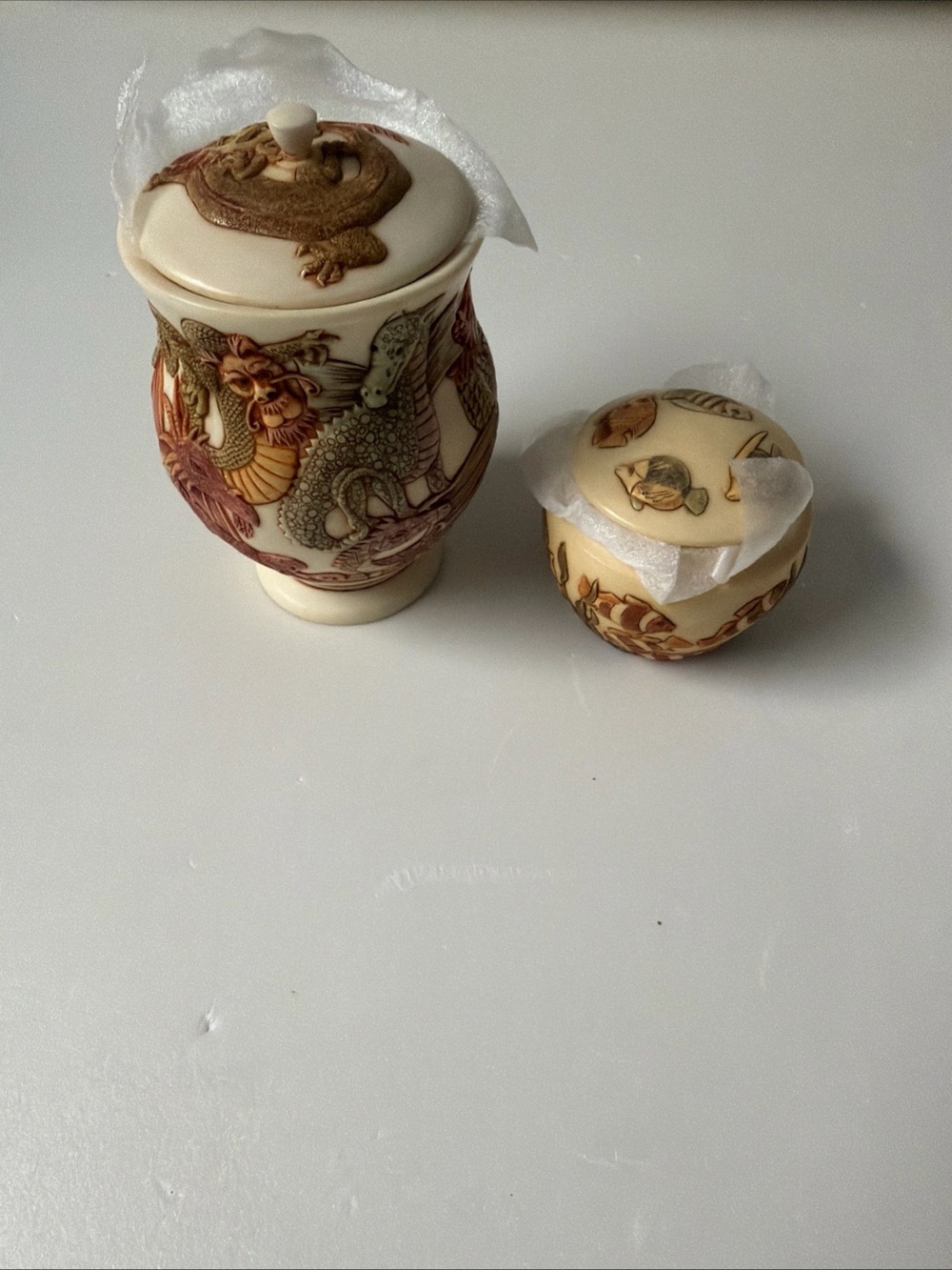 Ivory Ceramic Dragon Lidded Jar — Decorative Home Art